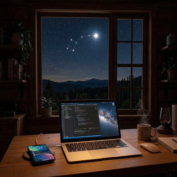 Laptop showing code on desk with phone, coffee, and constellation visible in night sky through window